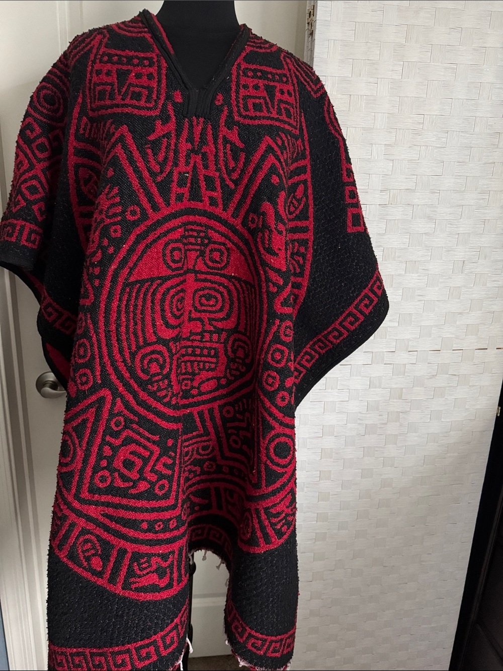 Red and Black Aztec Tribal Pattern Poncho one size fits most. Fringe, warm
